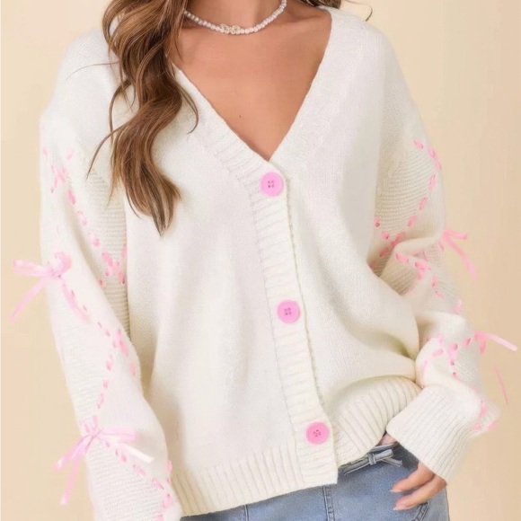 Shannel’s Closet Sweaters - Hand Sewn Satin Ribbon Detail On Sleeve Cardigan